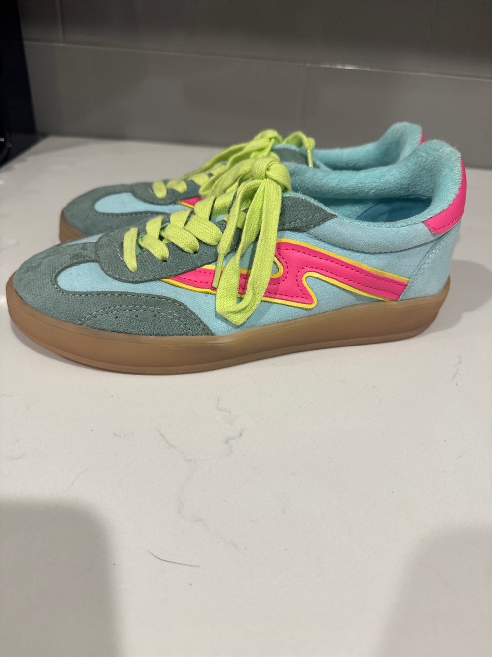 Madden girl Light Blue & Pink Suede Sneakers with Neon Laces